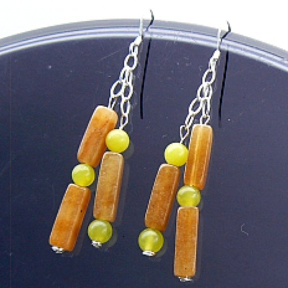 Silver Carnelian & Jadeite Drop Earrings 2.25" - Picture 2 of 3